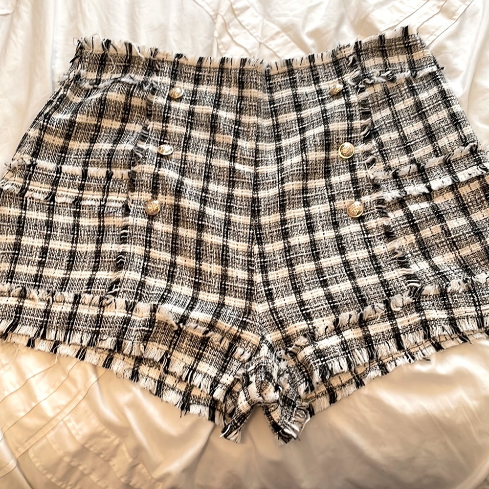 Raw edge tweed high waisted shorts